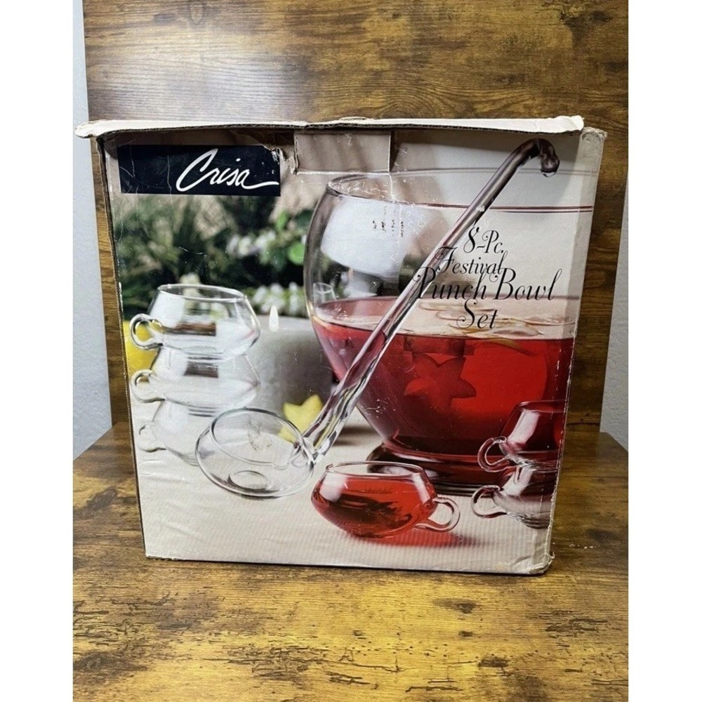 Vintage Riekes Crisa Punch bowl set New in box FESTIVAL Blown Crystal 8 Pieces